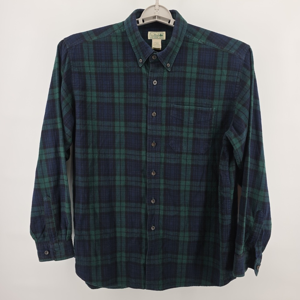 LL Bean Blue/Green Scotch Plaid Mens Large Flannel Shirt Medium Weight EUC